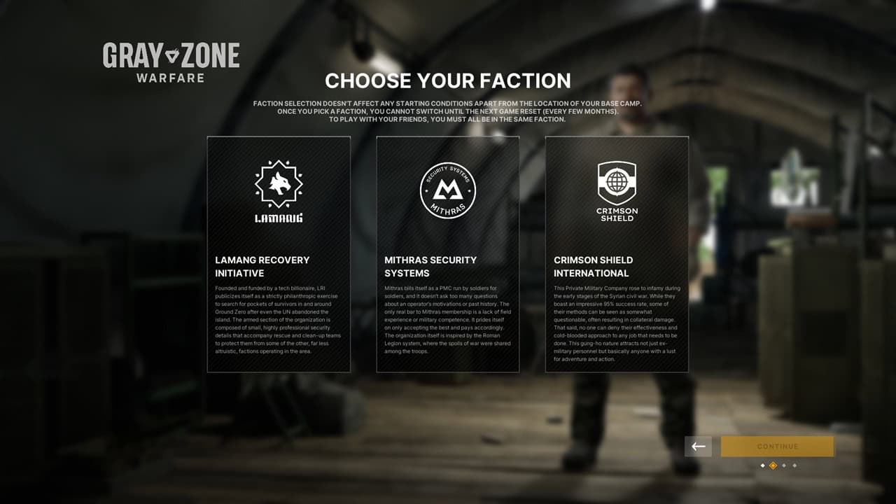 Gray Zone Warfare factions:  A player selects a faction in the game. Image captured by VideoGamer.