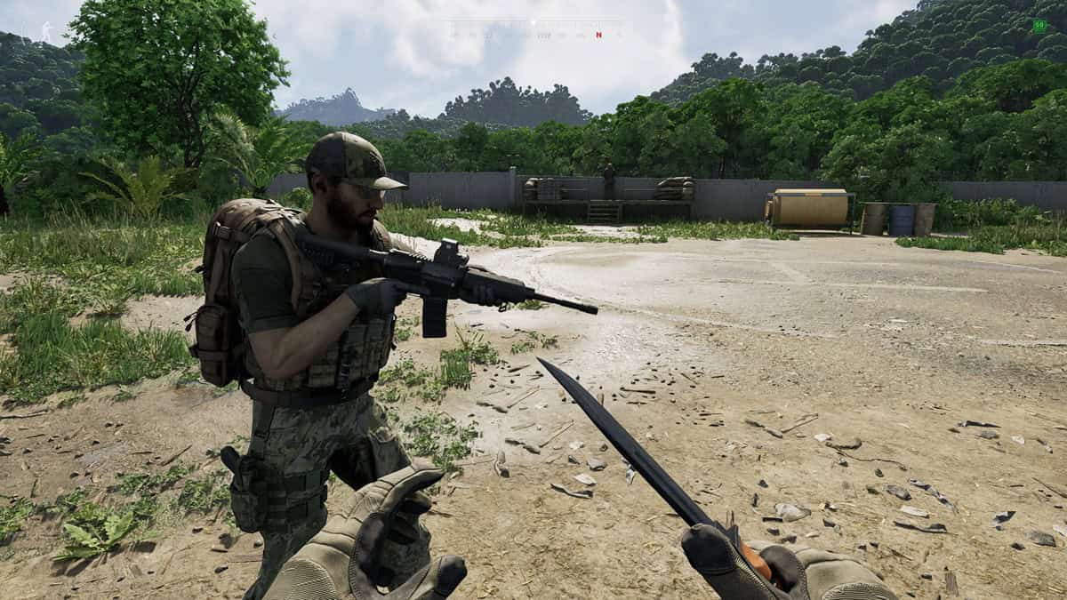A player holds a knife as they stand next to a friendly player.