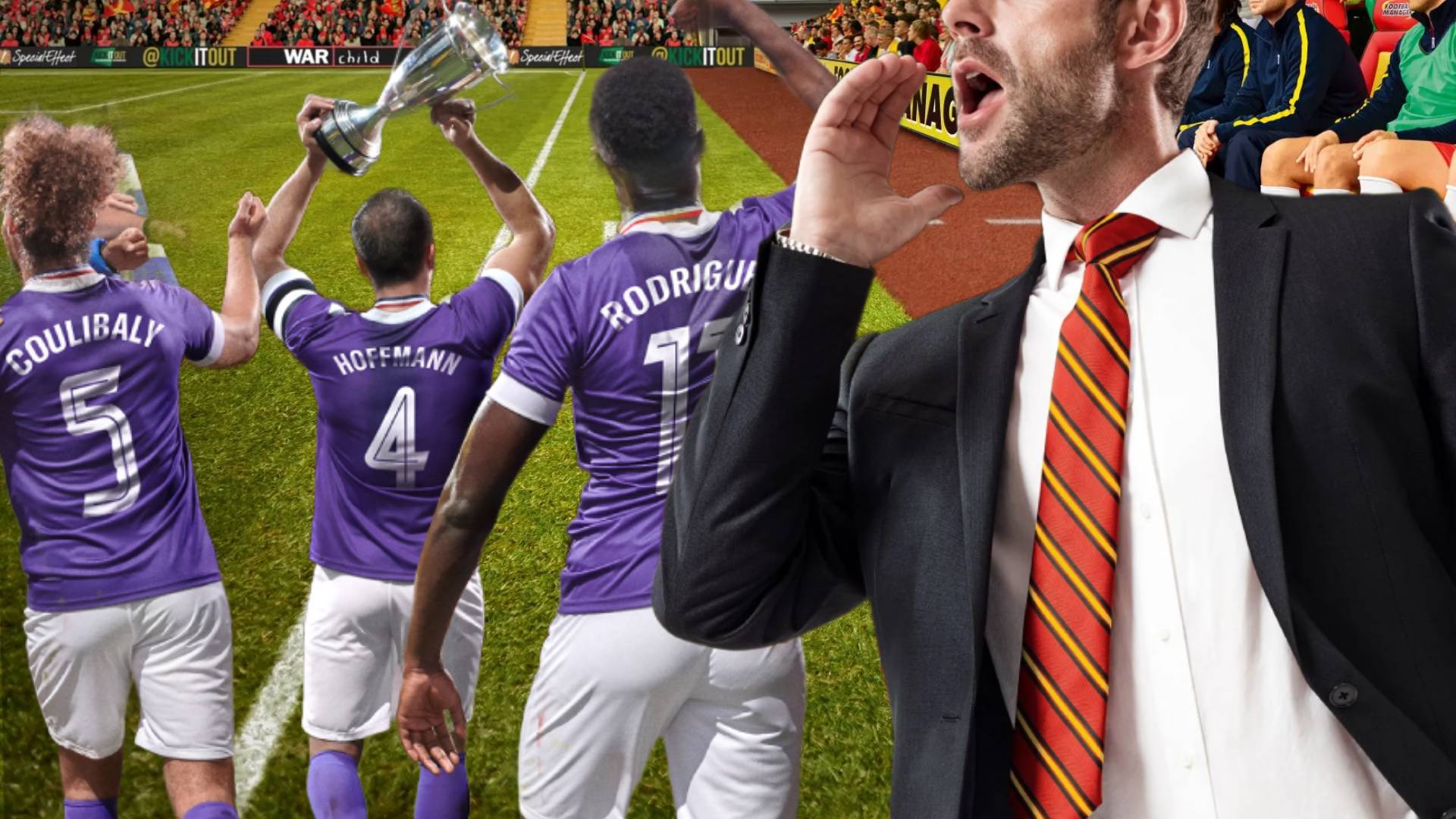 Football manager calling at three players celebrating