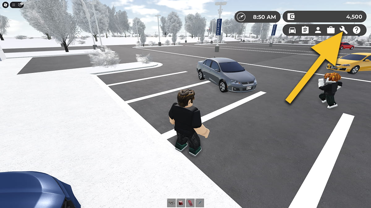 Image from the Greenville game on Roblox with an arrow pointing at the Settings icon.