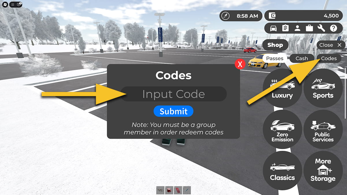 Image of the codes redemption screen in the Roblox game Greenville.