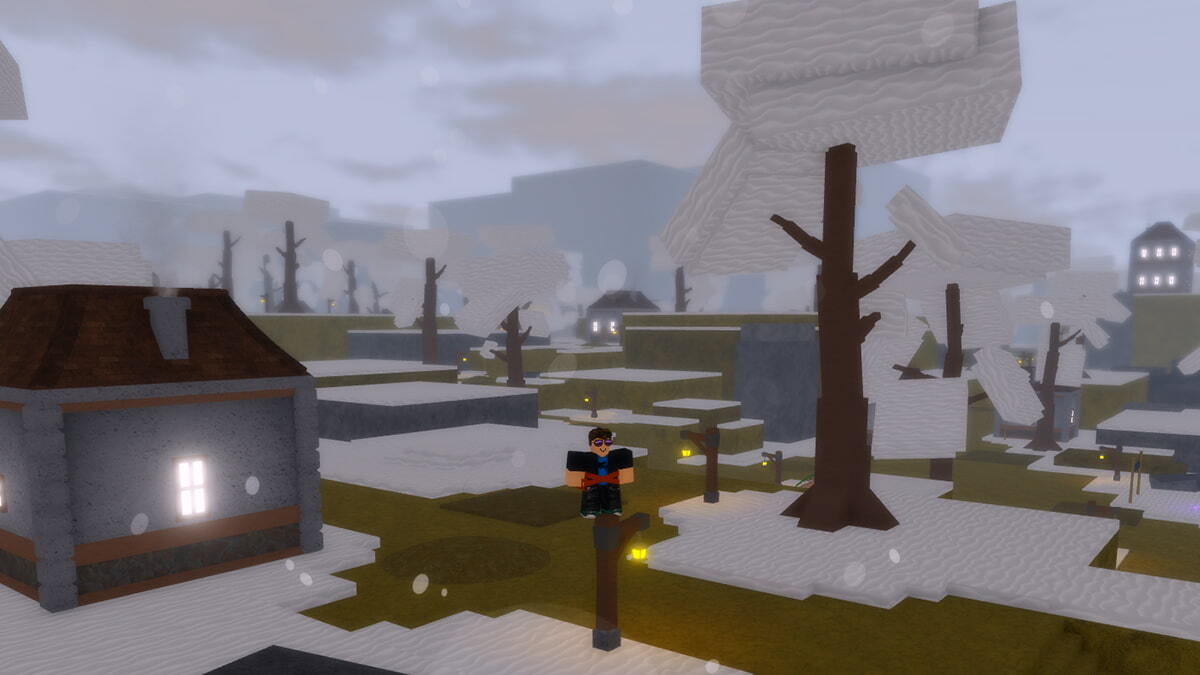 A player in Grimoire Era, next to a grey house and a snow-covered tree.