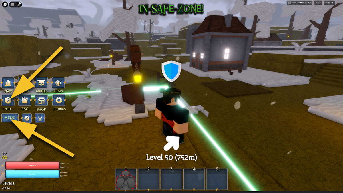 An image of a player in Grimoires Era. Yellow arrows point to the MENU button and the Info Button.