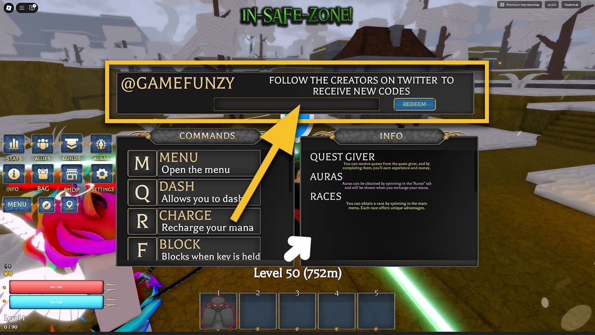 The INFO menu in Grimoires Era. A yellow arrow points to the box where the player should enter the codes.