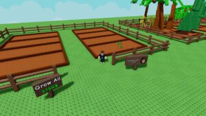 Image of the player standing in front of their garden and crops in Grow a Garden on Roblox.