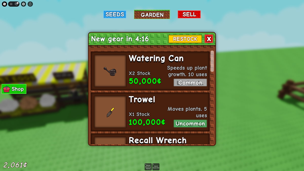 Image of the Gear Shop window in Grow a Garden on Roblox.