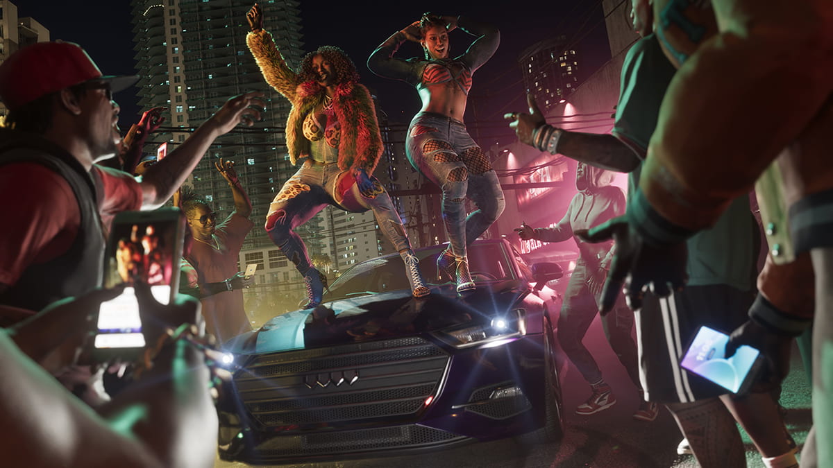 Image of characters dancing for an audience on the hood of a car in GTA 6.