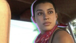 GTA 6 protagonist Lucia on a half-tone background