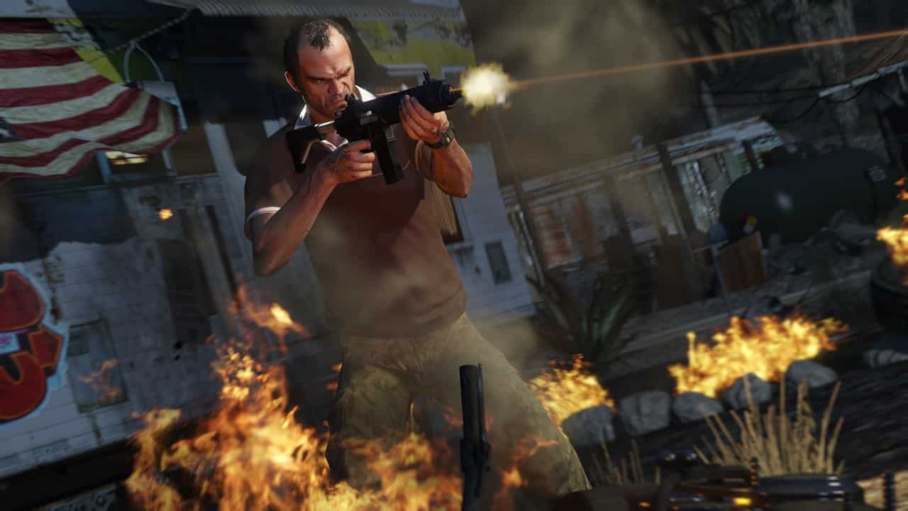 An image of Trevor firing an assault rifle in GTA 5. Image from Rockstar Games.