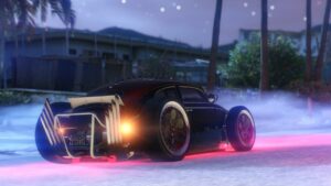 A car speeding down a street in GTA 5, featuring the fastest cars in GTA: Online.