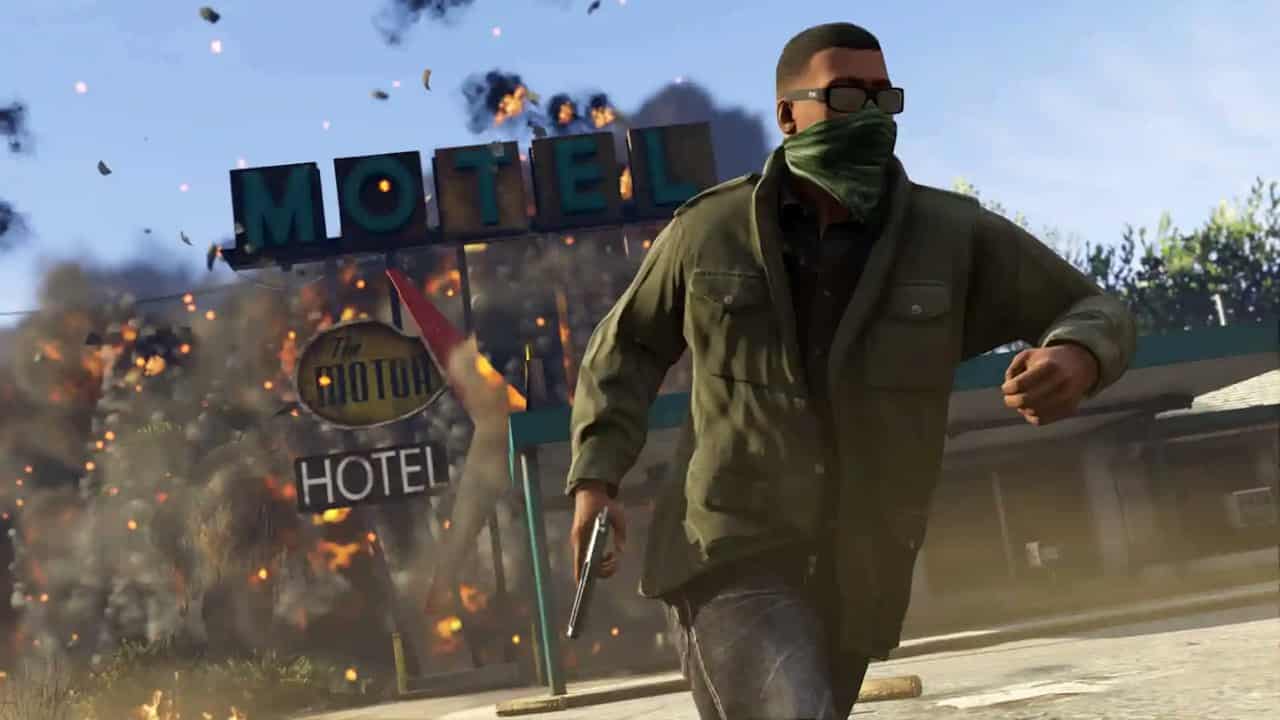 A man in a green jacket is walking down a street in Grand Theft Auto 5.