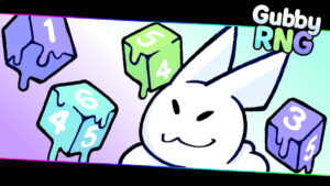 The loading screen for Gubby RNG. A bunny is smiling, with several colorful dice floating around.