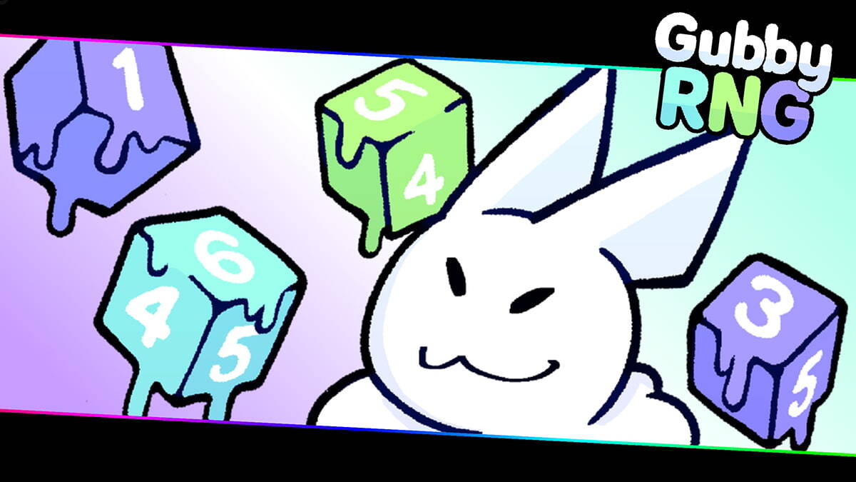 The loading screen for Gubby RNG. A bunny is smiling, with several colorful dice floating around.
