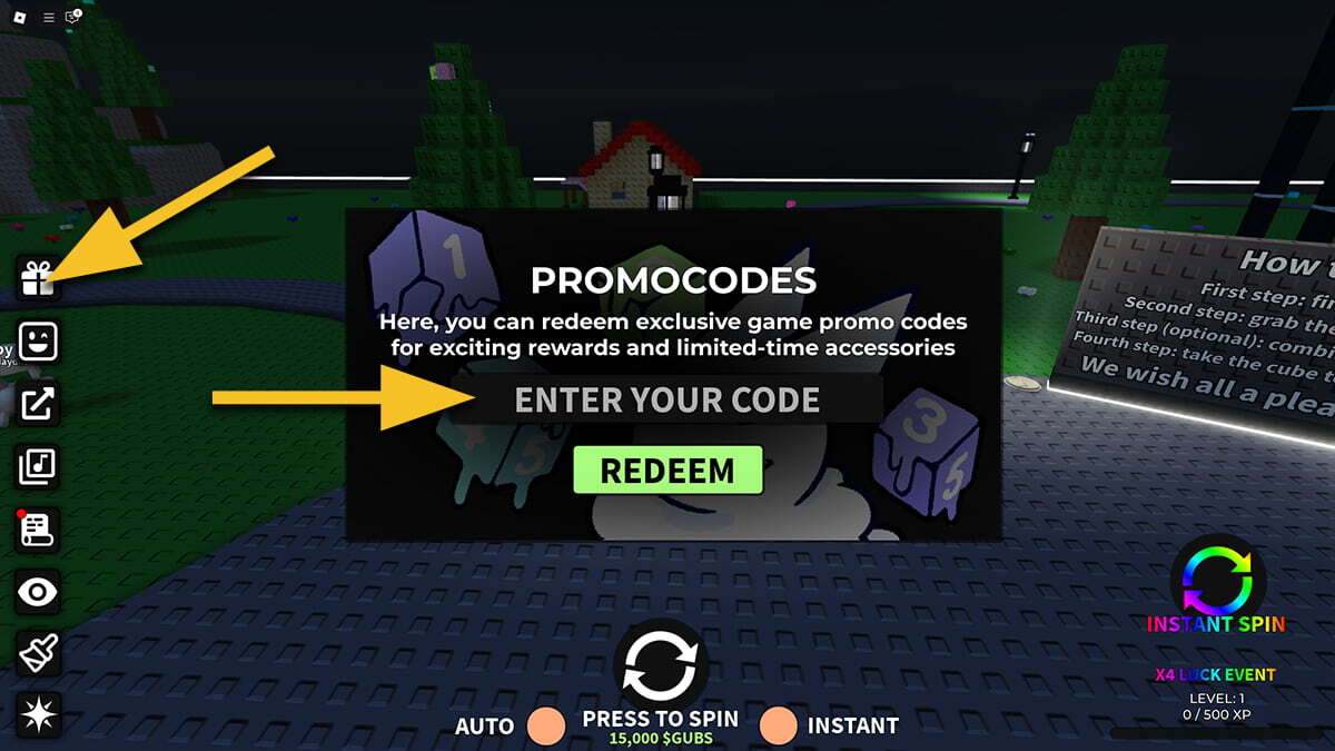 A yellow arrow points at a Gift icon on the left side of the screen in Gubby RNG. Another yellow icon points at the text box where the player inputs codes.
