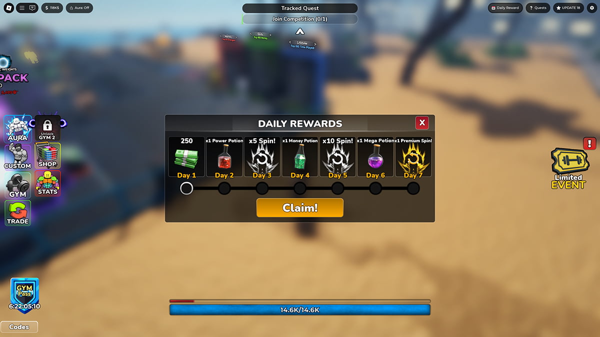Image of the daily rewards window in Gym League on Roblox.