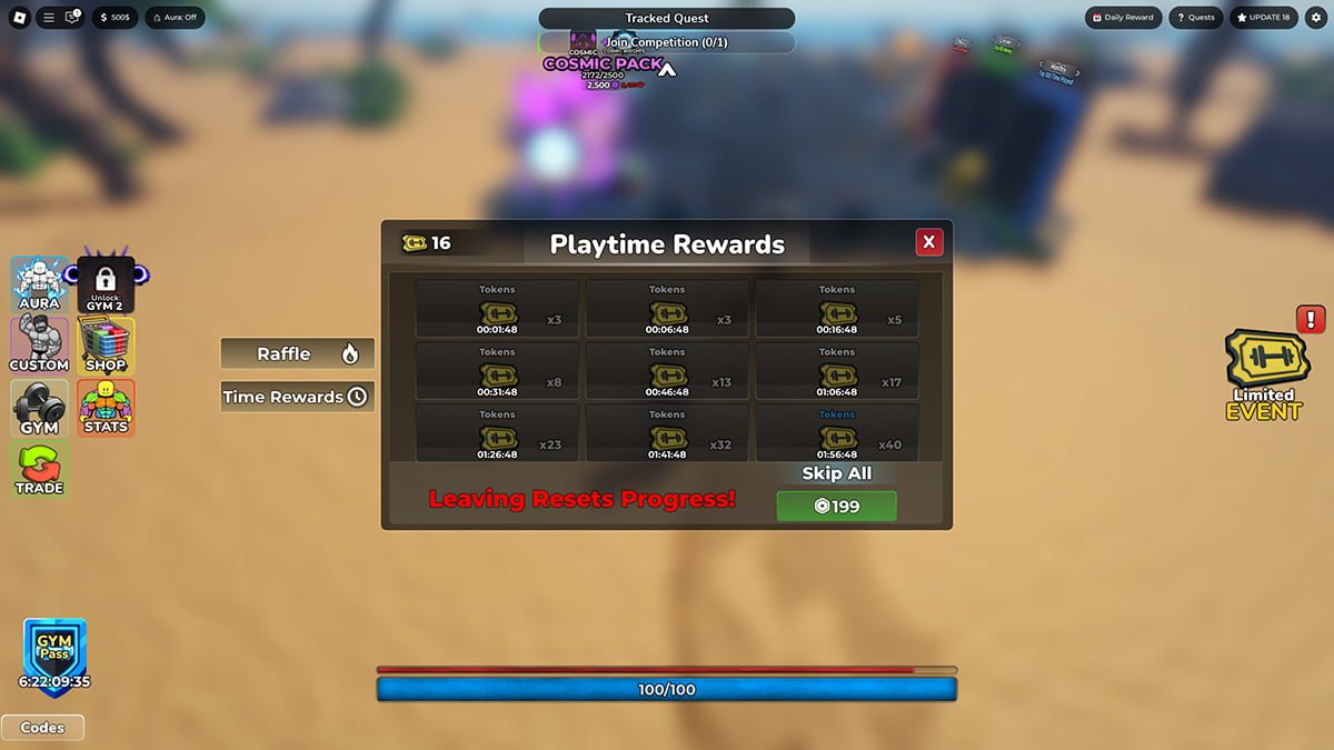 Image of the playtime rewards window in Gym League on Roblox.