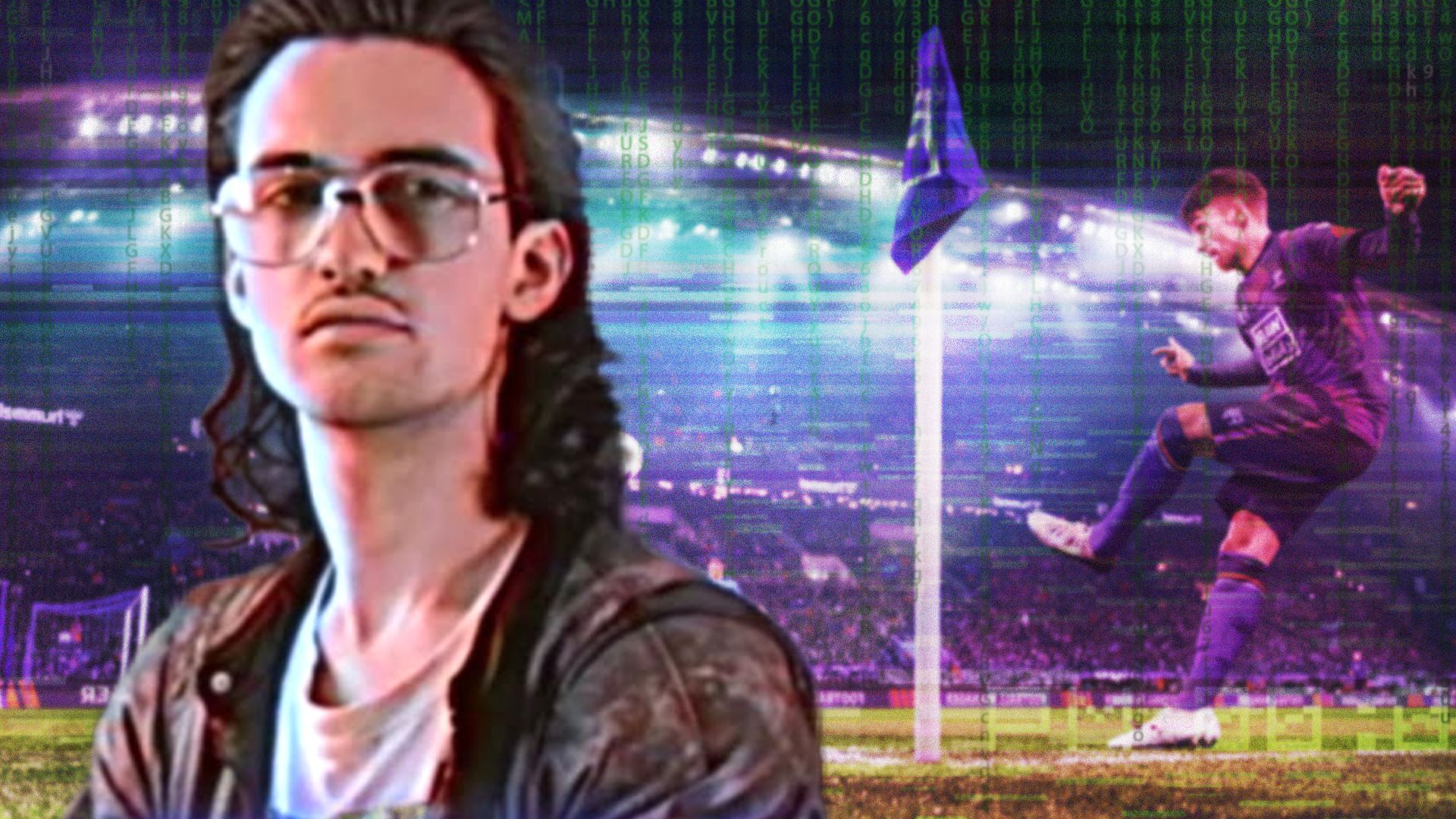 Hackerman standing in front of Football Manager 2024 keyart
