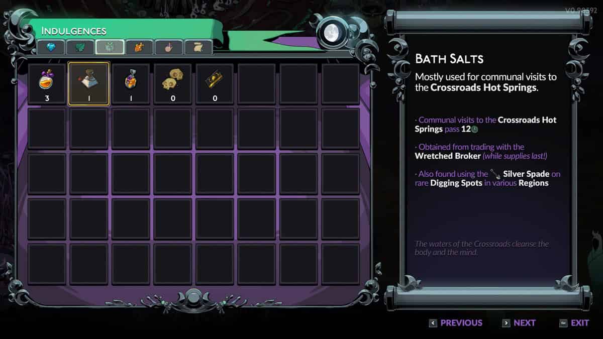 Hades 2 bath salts: A player checks out their inventory, highlighting the bath salts item. Image captured by VideoGamer.