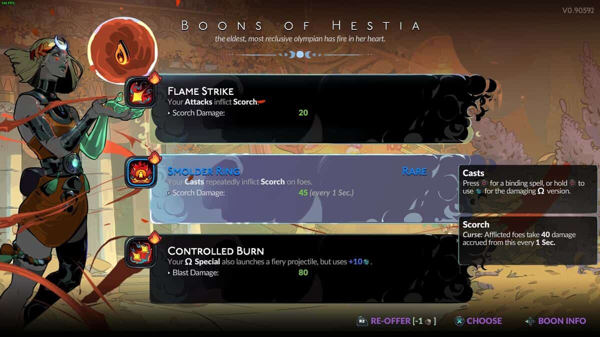 Hades 2 best build: in-game Hestia Boon selection menu.