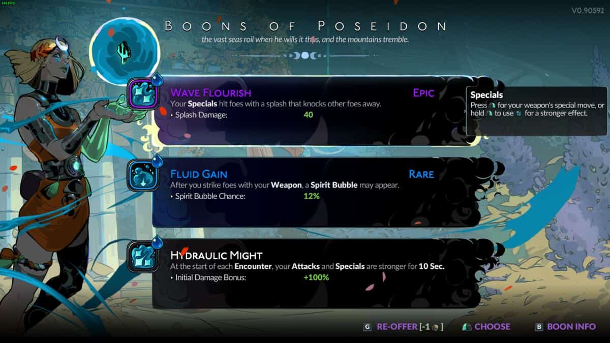Hades 2 best build: in-game Poseidon Boon selection menu.