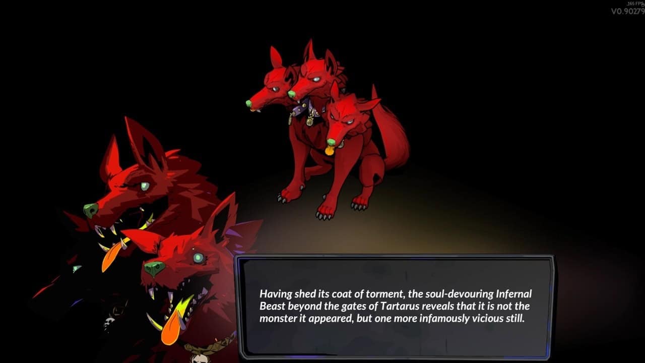 Hades 2 boss list: three-headed dog in a dark room with a dialogue box.