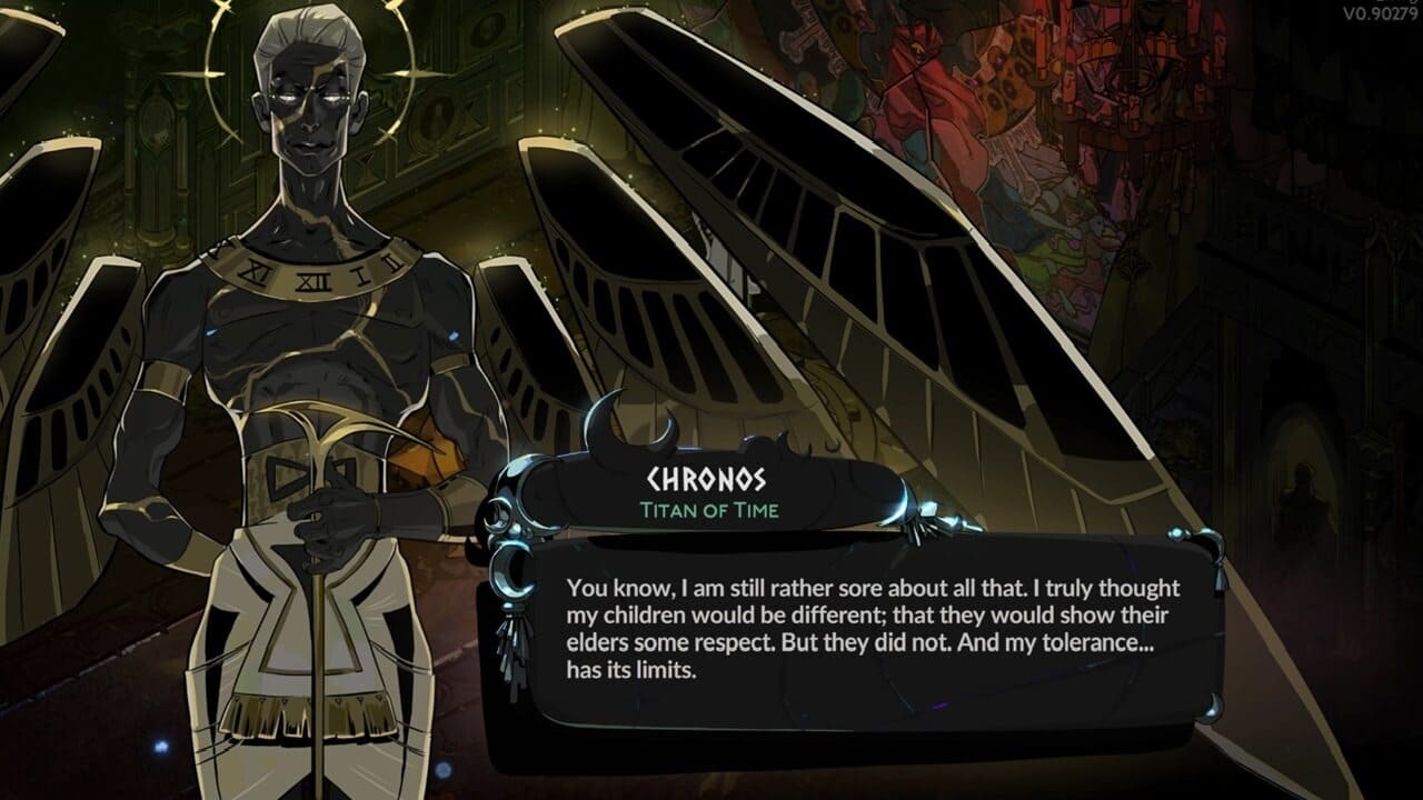 Hades 2 boss list: winged god Chronos with a large dialogue box.