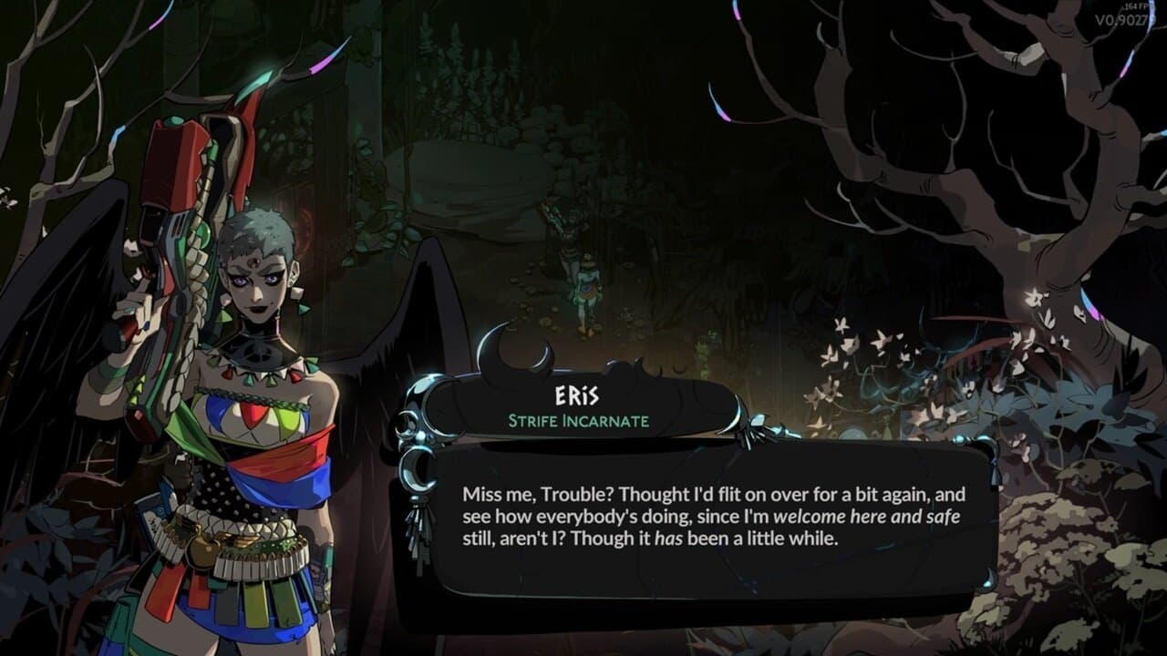 Hades 2 boss list: the goddess Eris holding a large fun with a gloomy forest with a dialogue box in the forefront.