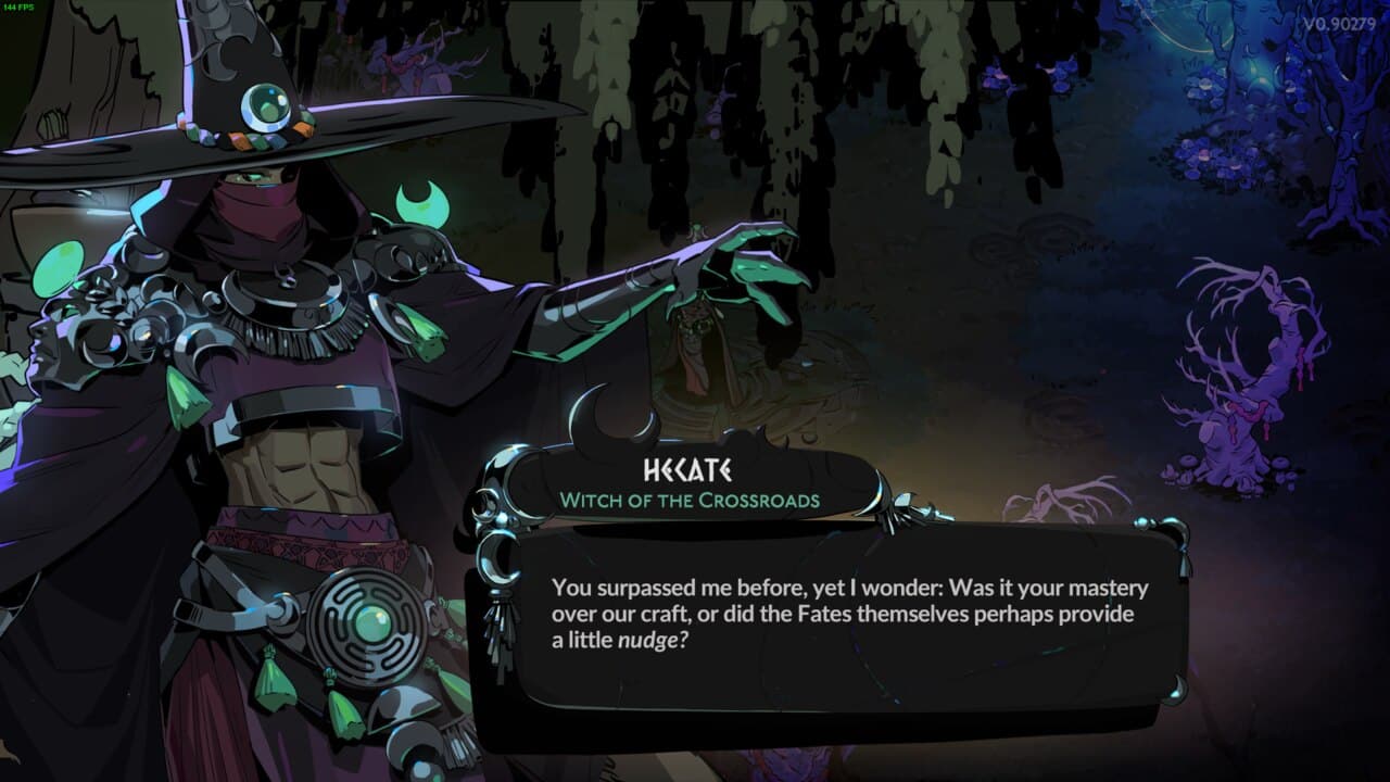 Hades 2 boss list: witch in a gloomy forest with a dialogue box at the bottom of the screen.
