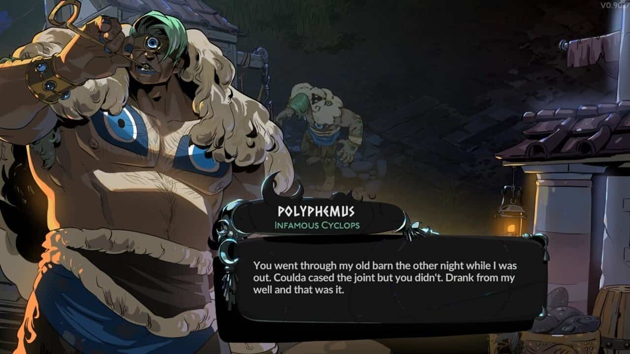 Hades 2 boss list: hulking cyclops with tatooed eyes in his chest with a large dialogue box at the bottom of the screen.