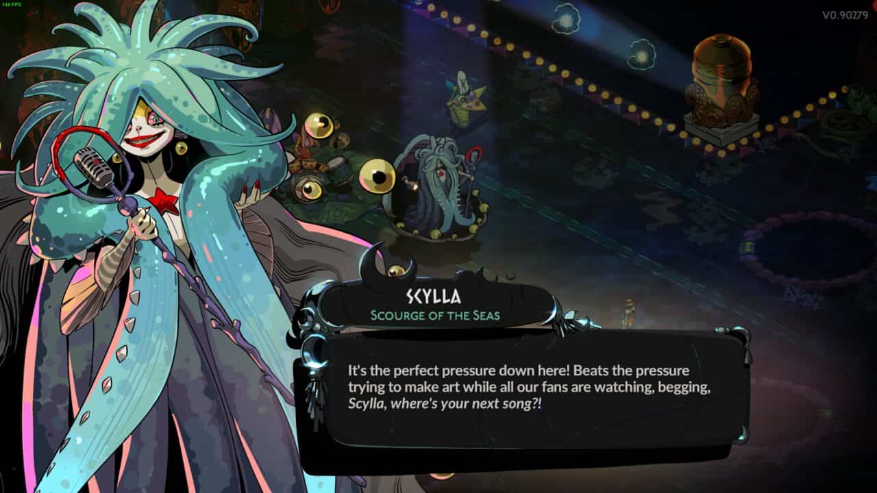 Hades 2 boss list: Scylla goddess with tentacle hair in a dark arena with a dialogue box.