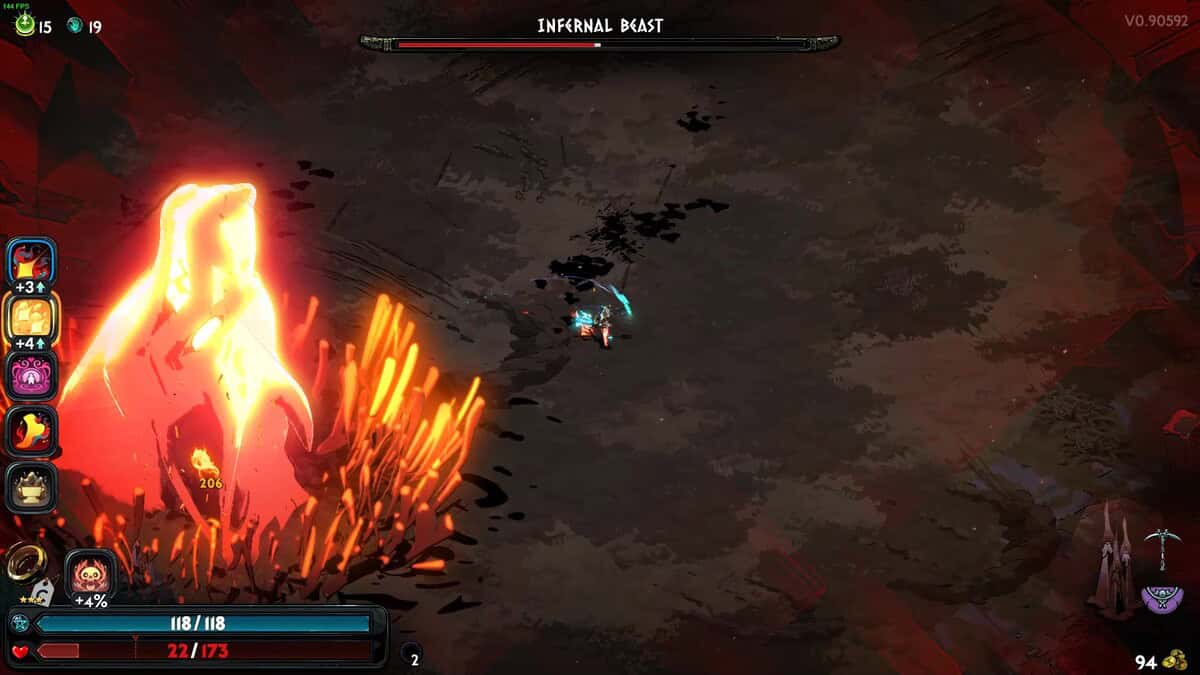 Hades 2 Infernal Cerberus boss guide: character dodging an infernal blast from Cerberus in a dark, rocky arena.