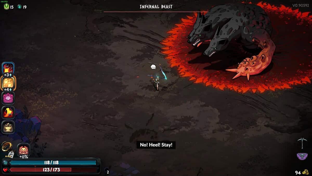 Hades 2 Infernal Cerberus boss guide: A character in blue wielding a sword faces the Infernal Cerberus, a large, snarling beast with black skin and fiery red-glowing edges in a lava-surrounded cavern.