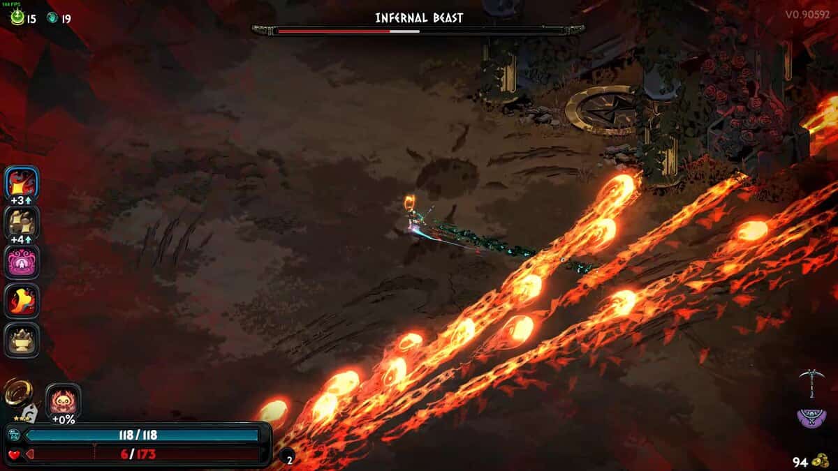 Hades 2 Infernal Cerberus boss guide: A character wields a sword while dodging fiery projectiles in a dark, lava-lined arena in Hades 2.