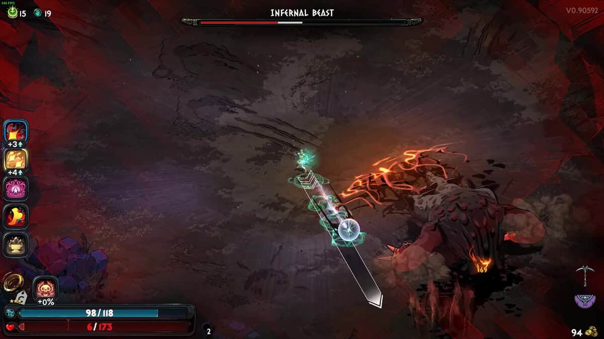 Hades 2 Infernal Cerberus boss guide: A character in Hades 2 battles the Infernal Cerberus in a dark cave-like environment, using a glowing green sword, displaying various game stats on the screen.