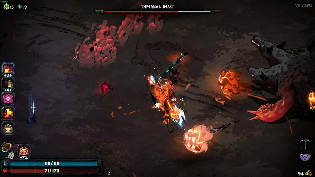 Hades 2 Infernal Cerberus boss guide: A character in a fantasy video game battles the Infernal Cerberus in a dark, cavernous setting, displaying health and ability stats on the screen.