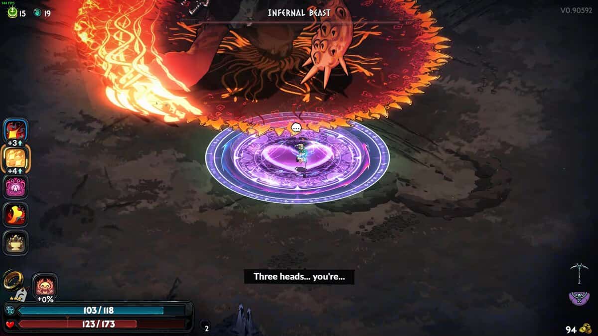 Hades 2 Infernal Cerberus boss guide: A screenshot from Hades 2 showing Infernal Cerberus, a three-headed fire creature, attacking a player, who is positioned on a magical purple circle, indicating an active gameplay scene.