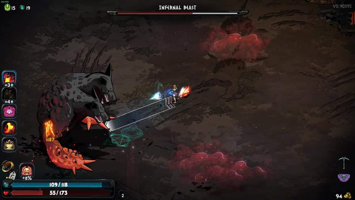 Hades 2 Infernal Cerberus boss guide: A player-controlled character in blue armor fights the Infernal Cerberus with a bow and arrow in a dark, cave-like setting in Hades 2.