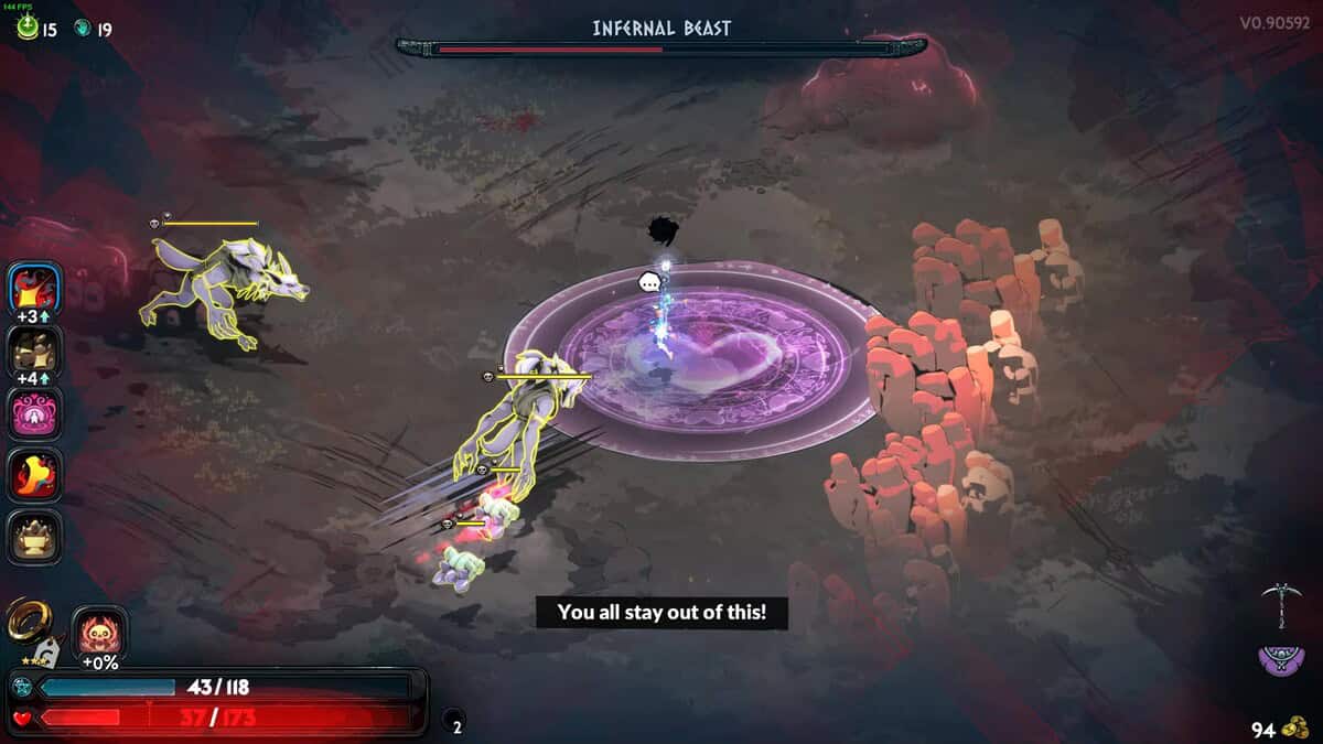 Hades 2 Infernal Cerberus boss guide: A character battles a glowing infernal Cerberus near a purple summoning circle in a dark arena, with spectral figures watching. Text on-screen reads, 