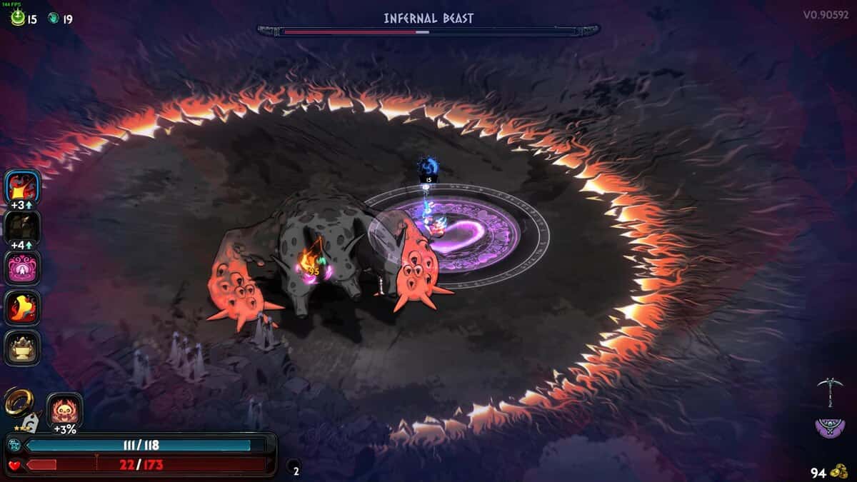 Hades 2 Infernal Cerberus boss guide: A screenshot from Hades 2 featuring a character in a combat scene, battling three purple and orange creatures inside a magical circle in a dark setting.