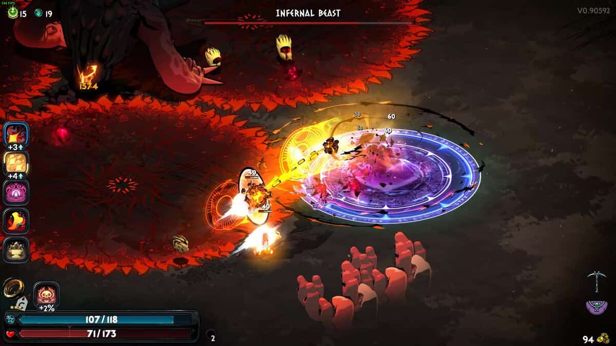 Hades 2 Infernal Cerberus boss guide: A character in Hades 2 engages in combat with monstrous creatures like the Infernal Cerberus in a lava-filled arena, using magical abilities to attack.