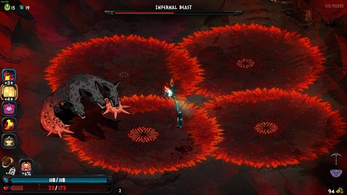 Hades 2 Infernal Cerberus boss guide: A player character confronts the Infernal Cerberus in a fiery arena in Hades 2, with health and ability indicators visible around the screen's edges.