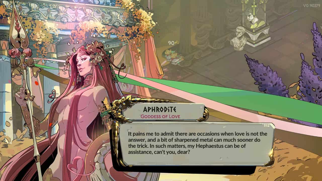 Hades 2 characters: A dialogue from Aphrodite in the game. Image captured by VideoGamer.