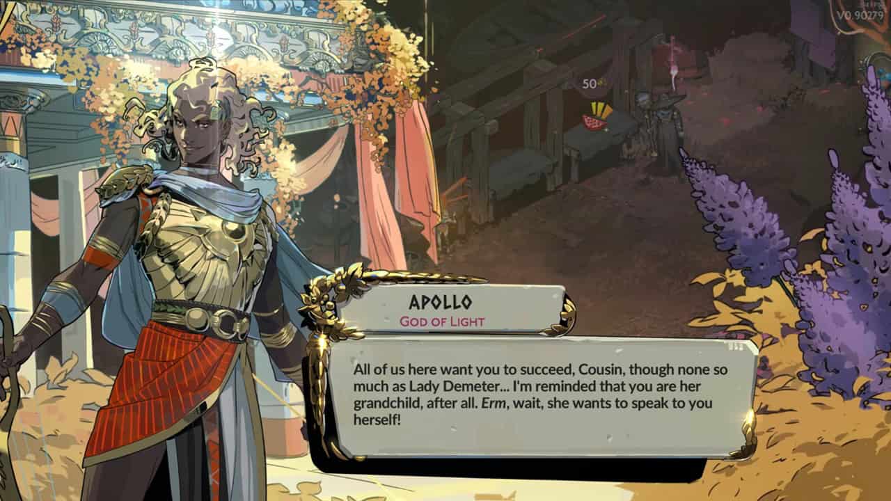 Hades 2 characters: A dialogue from Apollo in the game. Image captured by VideoGamer.