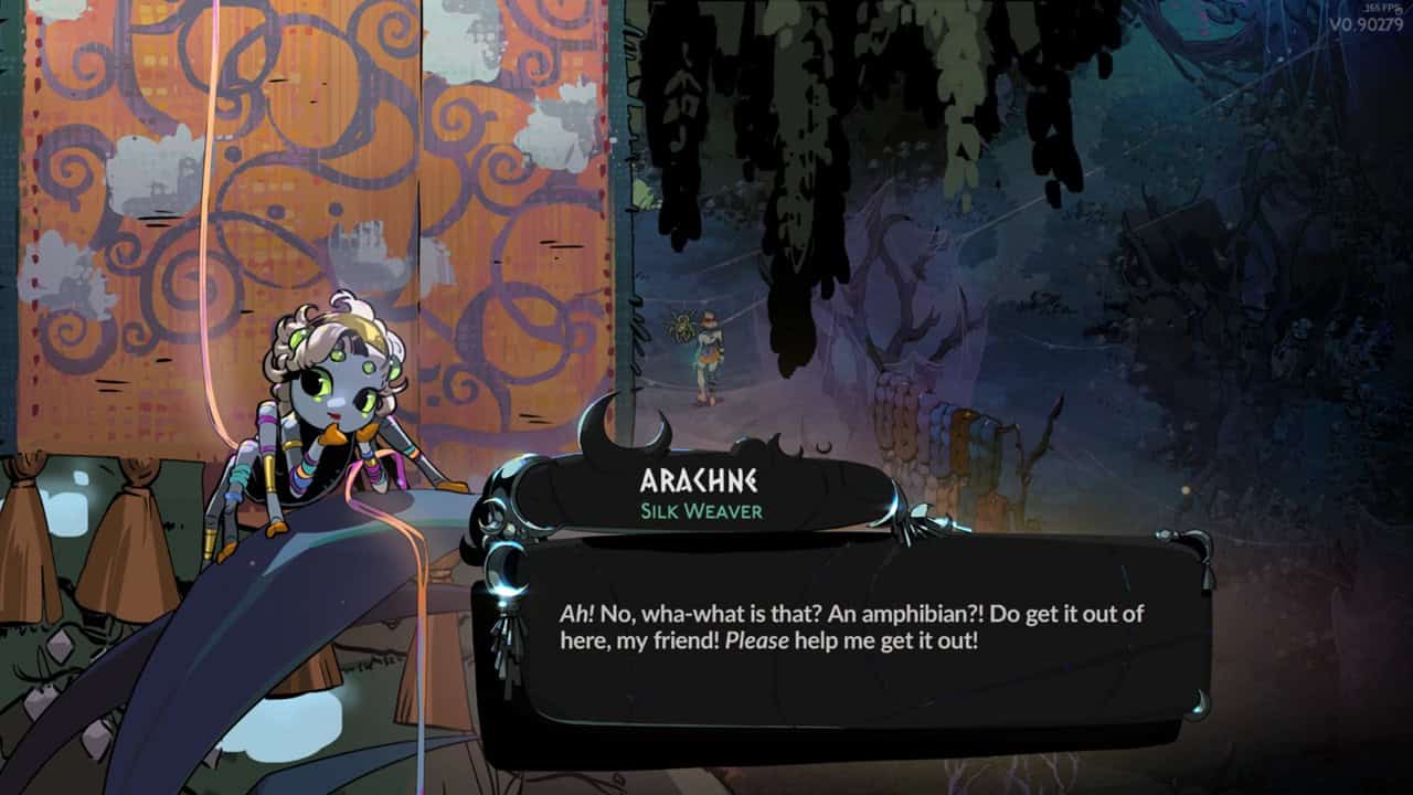 Hades 2 characters: A dialogue from Arachne in the game. Image captured by VideoGamer.