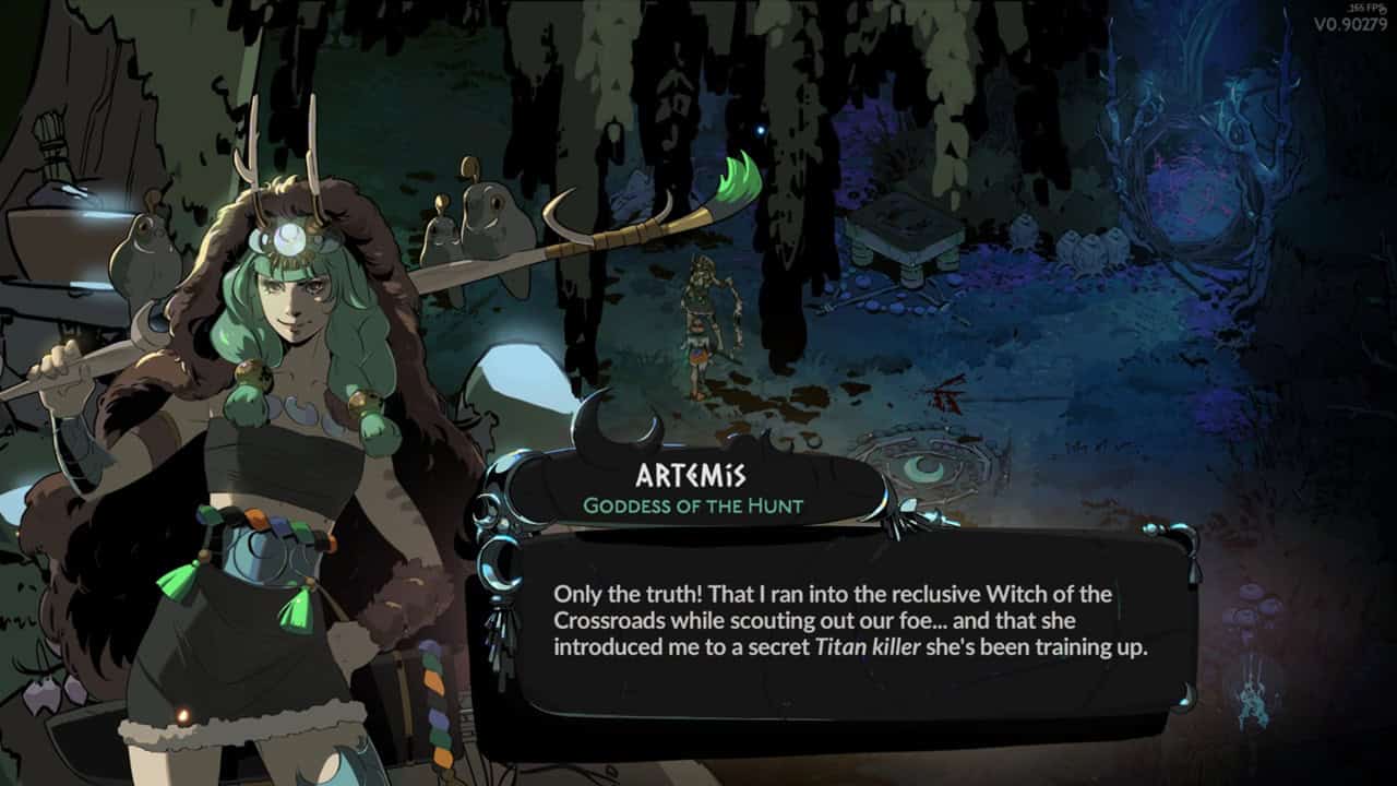 Hades 2 characters: A dialogue from Artemis in the game. Image captured by VideoGamer.