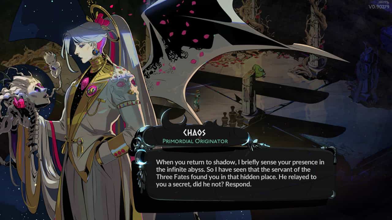 Hades 2 characters: A dialogue from Chaos in the game. Image captured by VideoGamer.
