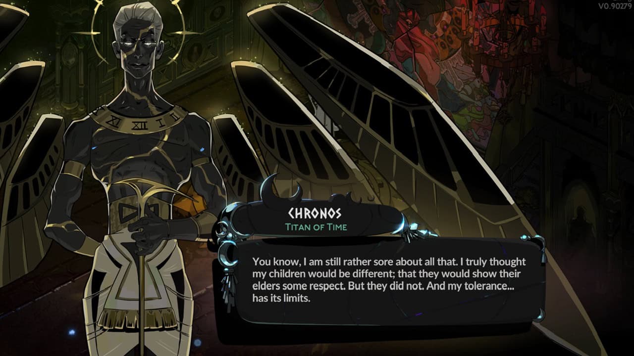 Hades 2 characters: A dialogue from Chronos in the game. Image captured by VideoGamer.