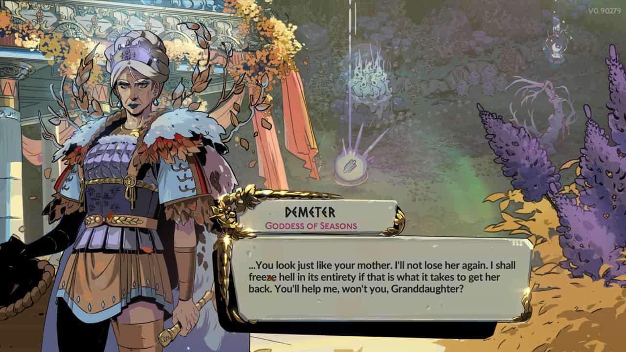 Hades 2 characters: A dialogue from Demeter in the game. Image captured by VideoGamer.