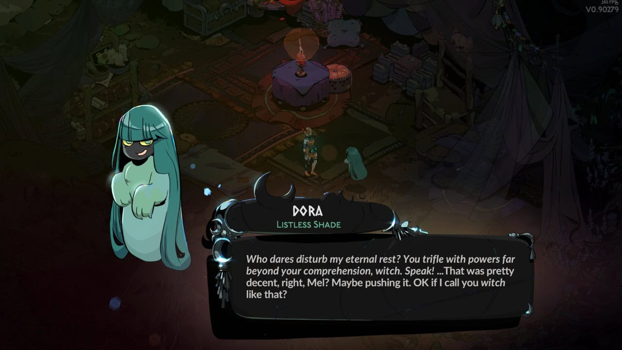 Hades 2 characters: A dialogue from Dora in the game. Image captured by VideoGamer.