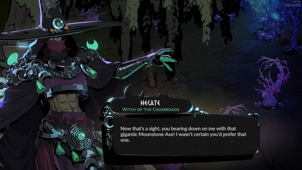 Hades 2 characters: A dialogue with Hecate from the game. Image captured by VideoGamer.